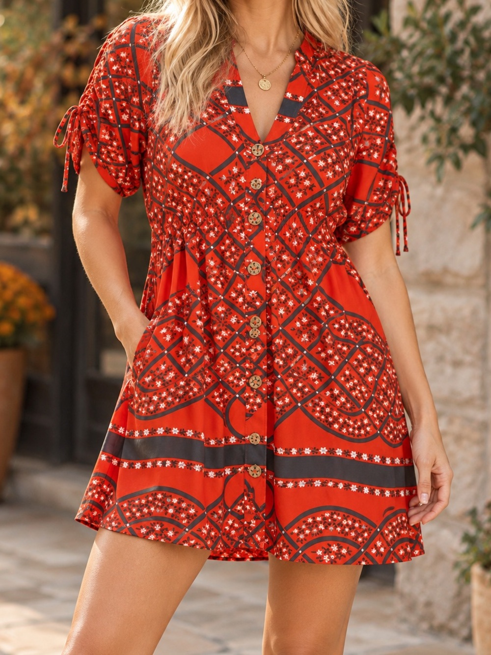 Moulinette Soeurs Sz 4 Red Silk Bandana Print Mini Dress Pockets Buttons Boho